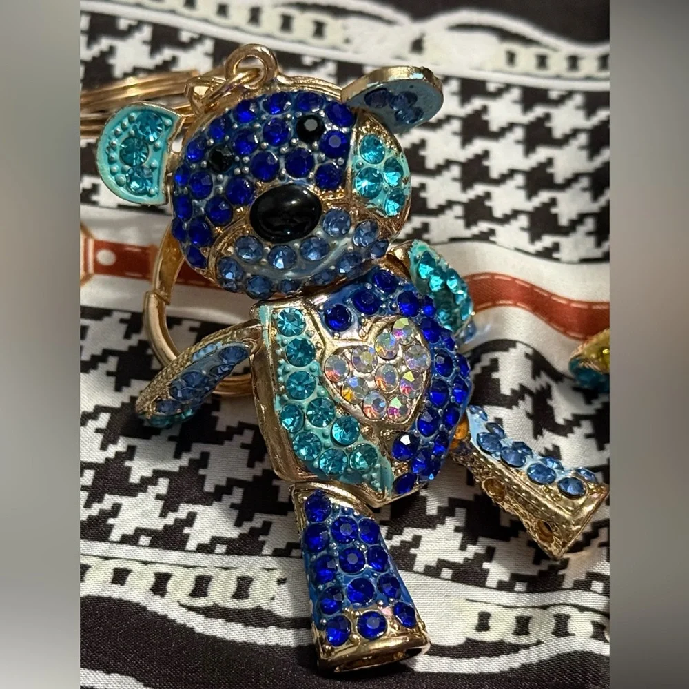 Sparkling Blue and Gold Bear Keychain